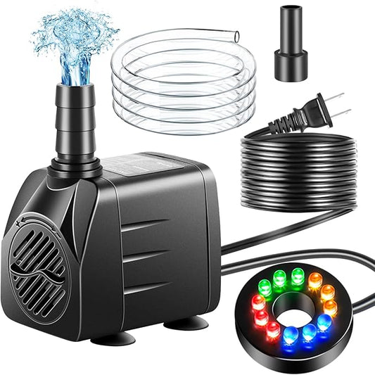 Submersible Pump, Small Fountain Pump with Tubing, Submersible Water Pump for Aquarium Fish Tank Indoor or Outdoor Pond Fountain Hydroponics Statuary (10W 160GPH, With Led Light)