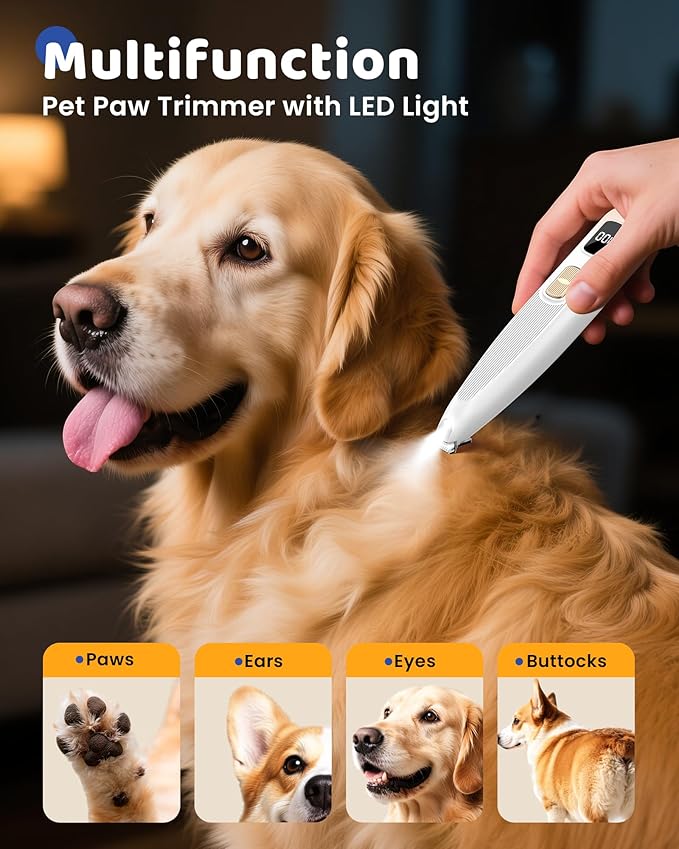 Dog Paw Trimmer with LED Light, 35dB Low Noise Precision Pet Paw Trimmer for Dogs Cats Grooming Clippers, 2 Speed Safety Electric Paw Hair Trimmer for Paws, Ears, Rump, Face, Eyes (Green)
