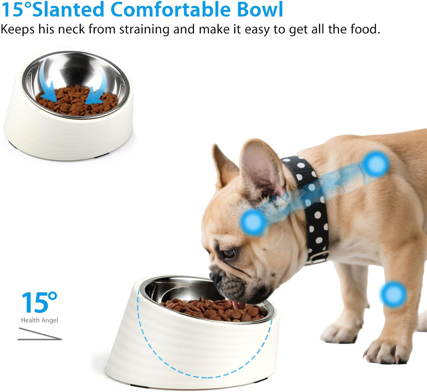 Slanted Small Cat Food Bowl 0.5 Cup, 15° Tilted Stainless Steel Mini Dog Puppy Food Bowl, Non-Slip & Non-Spill Small Kitten Pet Feeder with Elevated Detachable Melamine Stand, Easy to Get Food