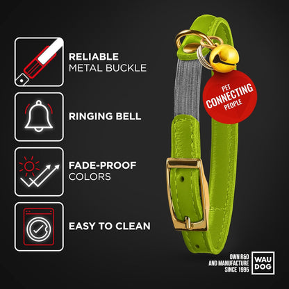 WAUDOG Ultra Soft Rolled Leather Cat Collar with Removable Bell, Safety Elastic Strap and QR ID Tag - Soft Padded for Small, Medium, and Large Cats - Round Kitten Collar for Male and Female Cats