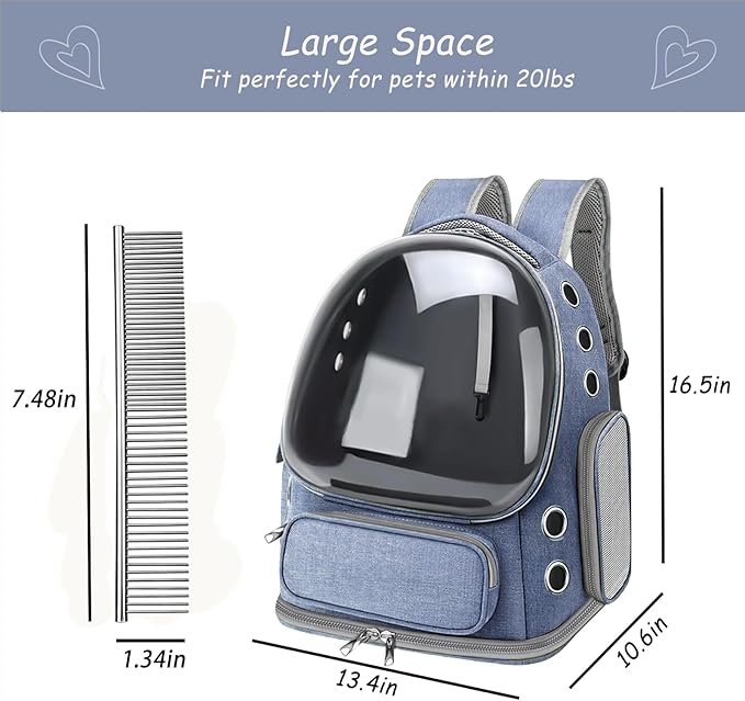 Cat Carrier with Groomer, Breathable Cat Bubble Carrier for Cats or Small Dogs up to 20 lbs, Collapsible Airline Approved, Clear Cat Travel Backpack (Blue)