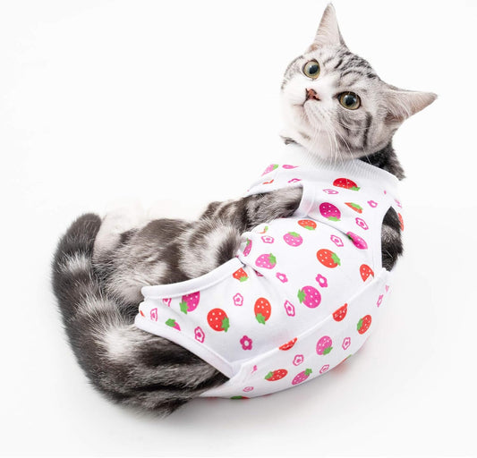 Cat Professional Surgical Recovery Suit,E-Collar Alternative for Cats Dogs,After Surgery Wear, Pajama Suit,Home Indoor Pets Clothing Strawberry S