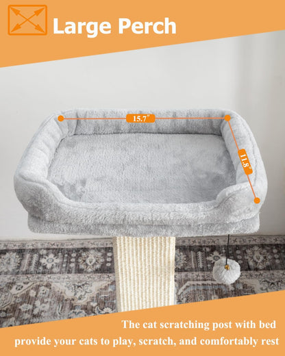 32" Cat Scratching Post for Indoor Cats, Sisal Cat Scratcher with Plush Perch, Large Scratch Post with Bed, Removable Cover, Sisal Fabric,Light Grey