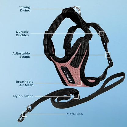 Voyager Step-in Lock Adjustable Cat Harness w. Cat Leash Combo Set with Neoprene Handle 5ft - Supports Small, Medium and Large Breed Cats by Best Pet Supplies - Pink/Black Trim, XXXS