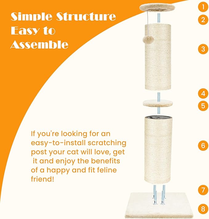 PAWSCRAT Cat Scratching Post 32 Inch High, 5.5 Inch Large Diameter Natural Sisal Cat Scratch Post, Scratch-Resistant and Durable Tall Cat Scratcher for Indoor Cats, Protect Your Furniture, Beige