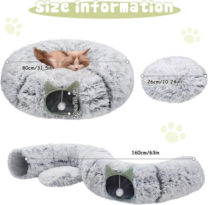 Cat Tunnel Bed for Indoor Cats, Soft Plush Donut Peekaboo Cat Cave, Multifunctional Playground Toy for Small Medium Large Cats, Kittens, Rabbits, Ferrets, with Washable Cushion(Grey)