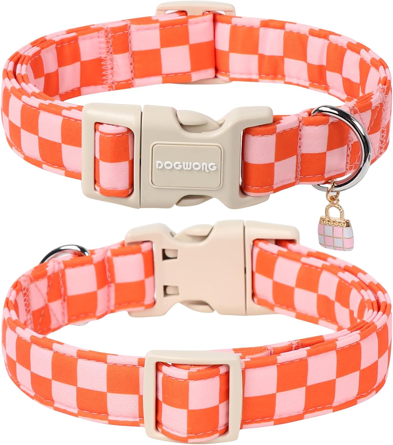 DOGWONG Pink Plaid Dog Collar, Pink Girl Dog Collars, Adjustable Cute Pet Collars Girl Design Dog Collar for Small Medium Large Dogs