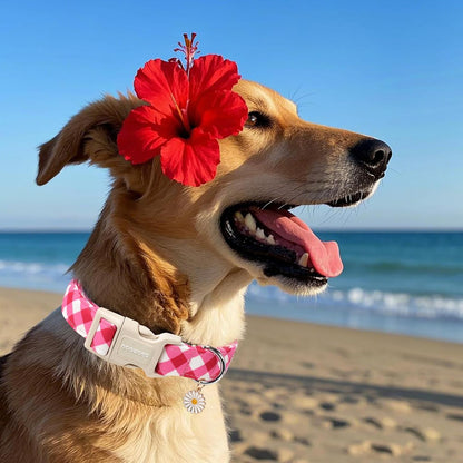 DOGWONG Pink Plaid Dog Collar, Pink Dog Collar Adjustable Soft Natural Fabric Girl Pet Dog Collars Cute Puppy Necklace for Small Medium Large Dogs