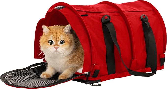 SturdiBag Pro 2.0 Pet Travel Carrier with Flexible Height for Cats and Dogs | Soft Sided Pet Carrier Bag with Safety Clips and Seatbelt Straps for Airplane or Car Travel | Large, Red