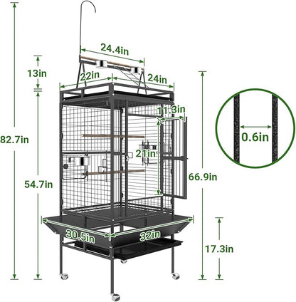 82 Inch Bird Cage, BOINN Bird Flight Cages with Rolling Stand & Bottom Tray, Wrought Iron Parrot Cage with PlayTop for Parakeet, Lovebirds, Ringneck, Cockatiels