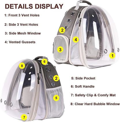 Front Extension Cat Backpack Carrier Cage for Large Cat, Up to 20 Pounds, Synthetic Leather Space Capsule Clear Bubble Window, Pet Carry Transport Book Bag