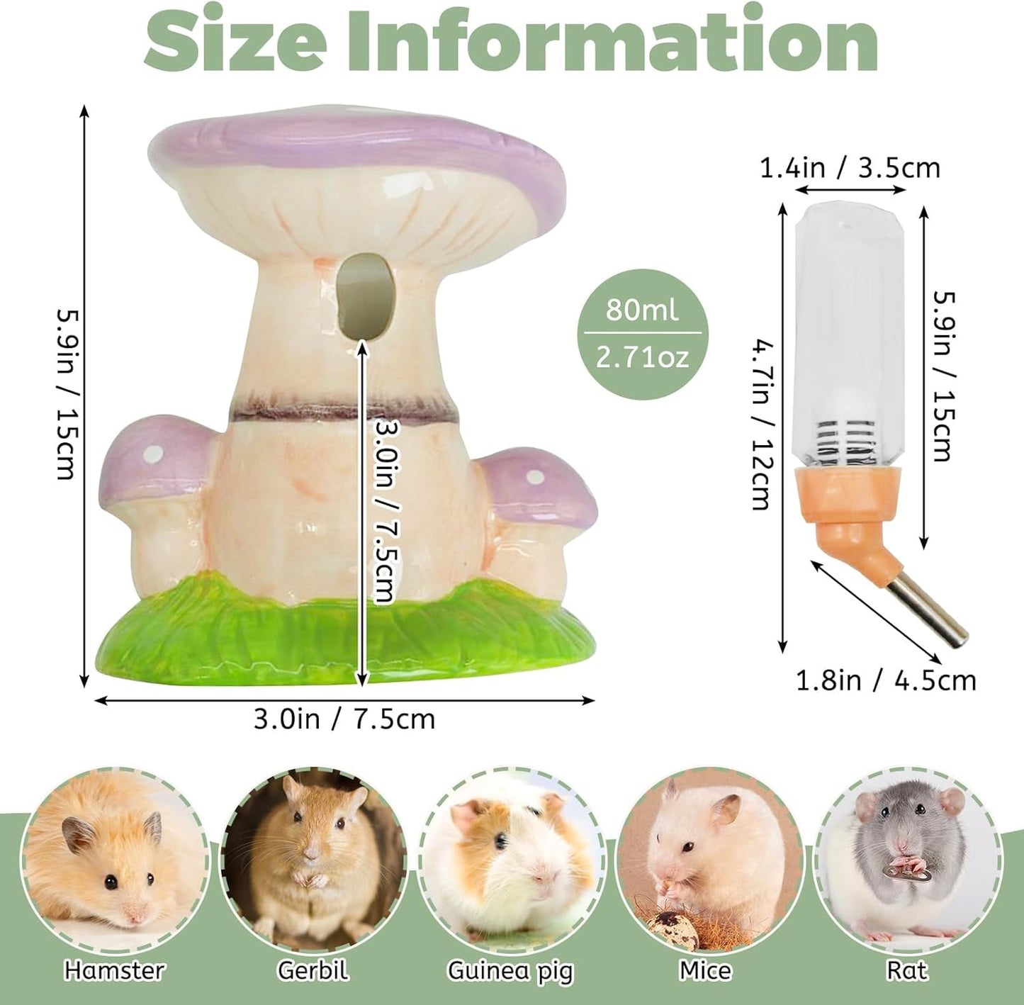 PINVNBY Mushroom Ceramic Hamster Water Bottle 80ML Automatic Gerbil Water Bottle Non Drip with Stand Vertical Hamster Water Dispenser for Guinea Pigs Gerbils Rats Mice (Purple)