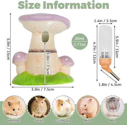 PINVNBY Mushroom Ceramic Hamster Water Bottle 80ML Automatic Gerbil Water Bottle Non Drip with Stand Vertical Hamster Water Dispenser for Guinea Pigs Gerbils Rats Mice (Purple)