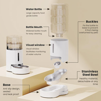 CZPET Automatic 4L/1Gal/135Oz Cat Water Dispenser with Stainless Steel Bowl, Gravity Waterer for Small Medium Dog Puppy Kitten (White)