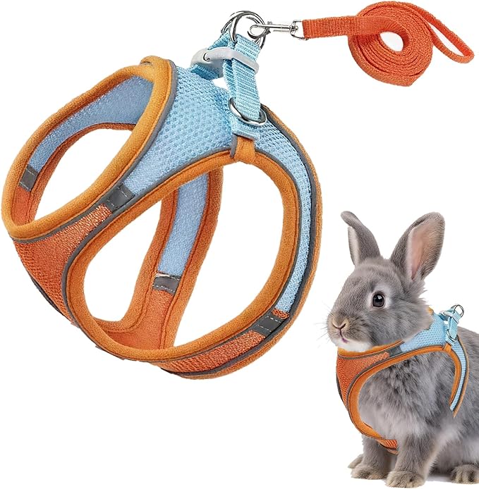 Rabbit Harness and Leash Set Escape Proof, Adjustable Soft Padded Vest, Breathable Mesh Bunny Harness with Reflective Strap, Safe for Small Animals(Orange,M)
