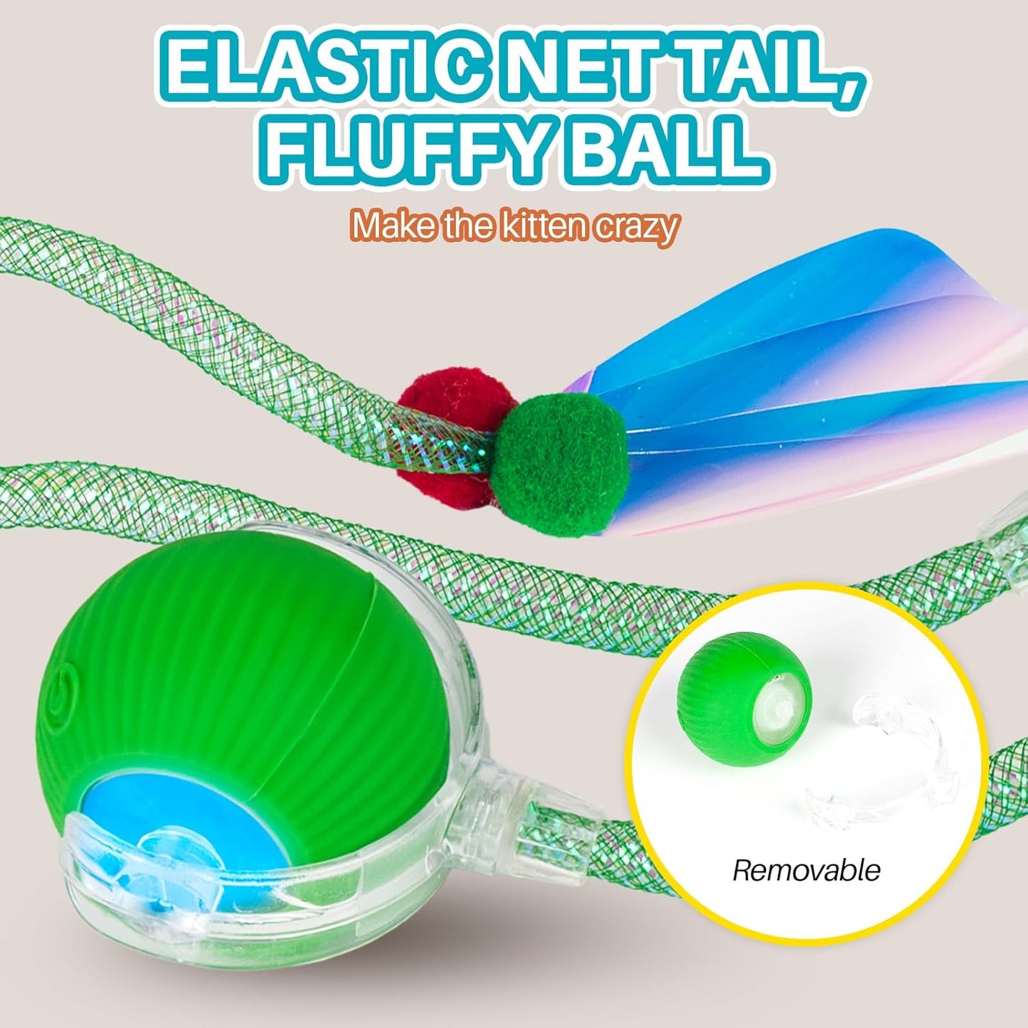 Interactive cat Toy cat Toys for Indoor Cats Agile Moving Cat Ball with Elastic Mesh Tail Automatic Kitten Toys Motion Activated Ball (Green)