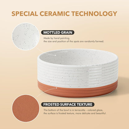 Ceramic 7.3inch Raised Double Dog Bowls Set with Acacia Wood Stand, Food & Water Bowls for Medium Breed Dogs, Weighted Pet Dishes(41oz, Vanilla White)