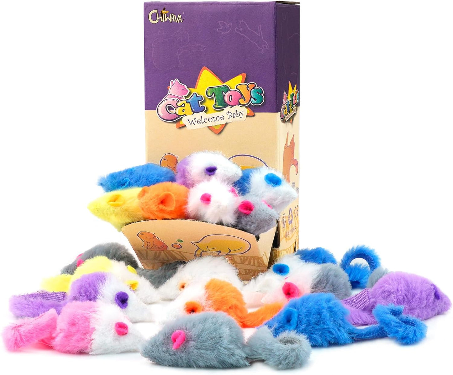 CHIWAVA 36PCS 1.8" Candy Color Furry Mice Cat Toy Rattle Mouse Kitten Interactive Toy Assorted Color