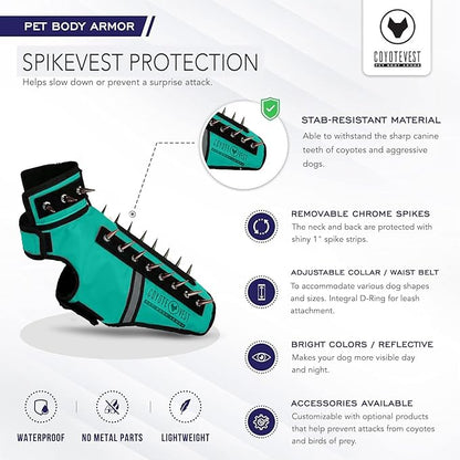 CoyoteVest SpikeVest Dog Harness Vest for Small Dogs, Reflective Dog Vest with Spikes to Shield Your pet from Coyotes, Raptor and Animal Attacks, Anti Hawk Vest, Made in USA (XXS-Turquoise)