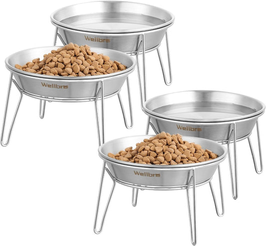 Cat Food Bowls, 4 Pcs Stainless Steel Cats Food and Water Whisker Fatigue Shallow Dishes, Small Dog Puppies Fat Faced Cat Kitten Supplies (4 Pack Raised Bowls)