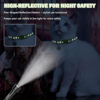 4PCS Breakaway Cat Collars,Reflective Cat Collar with Bells,Kitten Collars for Boy&Girl Cats Breakaway Collar for Cats with Paw Pendant 6-9 Inch(Black+Blue+Green+Grey)