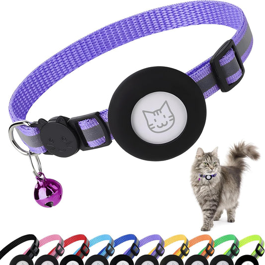 Airtag Cat Collar with Bell, Reflective Nylon Kitten Collar with Apple Air Tag Holder and Breakaway Safety Buckle for Puppy Girl Boy Cats, 3/8" in Width and Lightweight, Purple