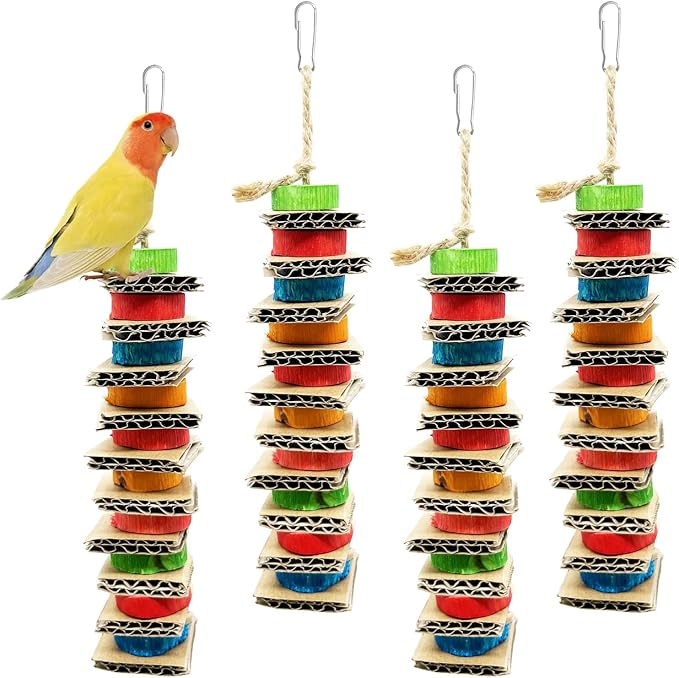 4 Pack Small Bird Chews Toy Natural Cardboard Wood Parrot Chewing Cage Hanging Toys for Conures Parakeet Cockatiel Budgies Love Birds Canary
