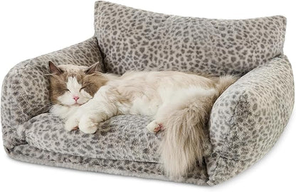Hollypet Cat Bed Fluffy Plush Mutifuctional Double-Layer Soft Pet Couch Orthopedic Sofa Nest Beds for Small Cats and Dogs, Snow Leopard (25x20x13 inch)