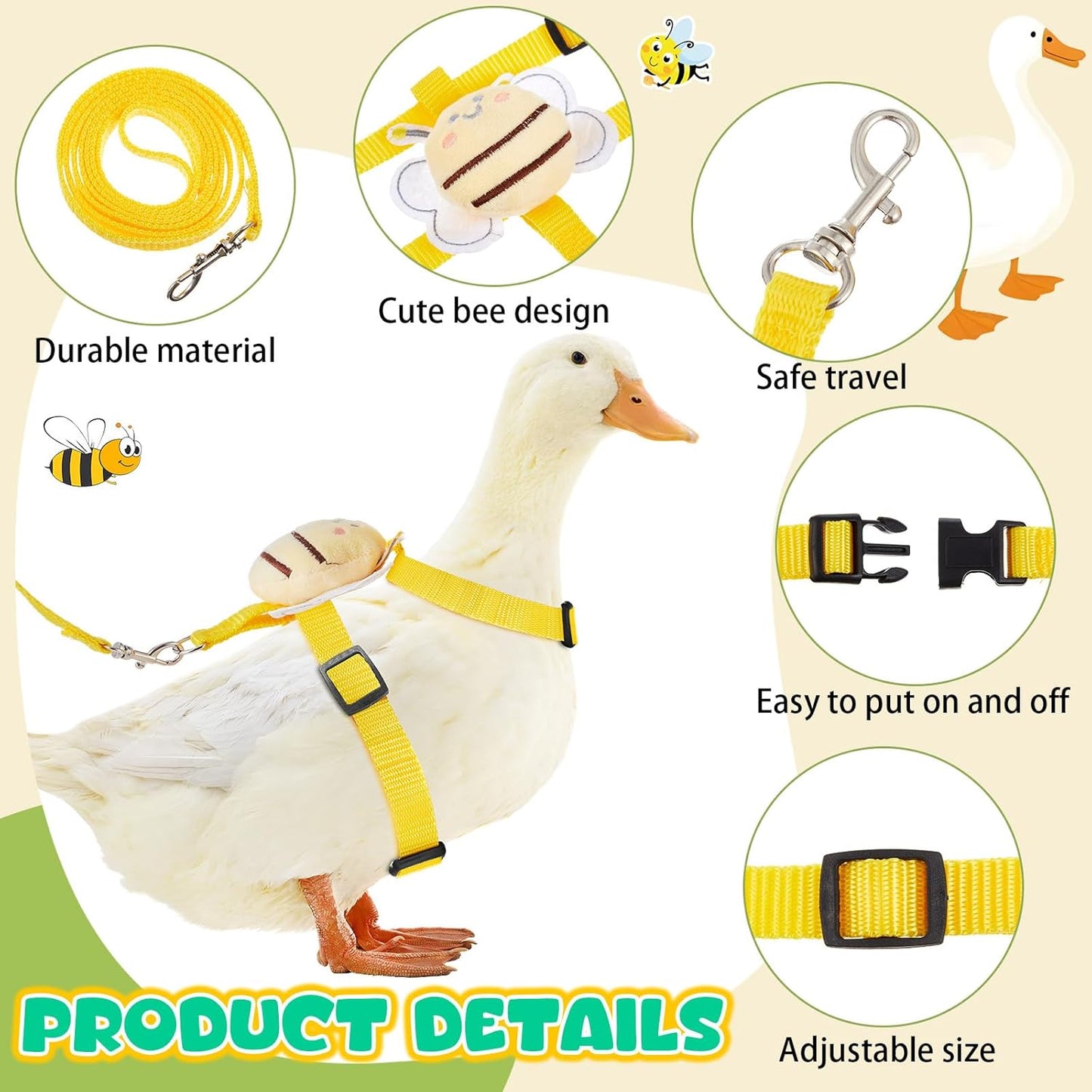Duck Harness Leash Set Duck Harness and Leash for Real Ducks Adjustable Walking Rope Pet Cute Pattern Outdoor Traction Rope for Chicken Rabbit Small Animals(M,Bee)