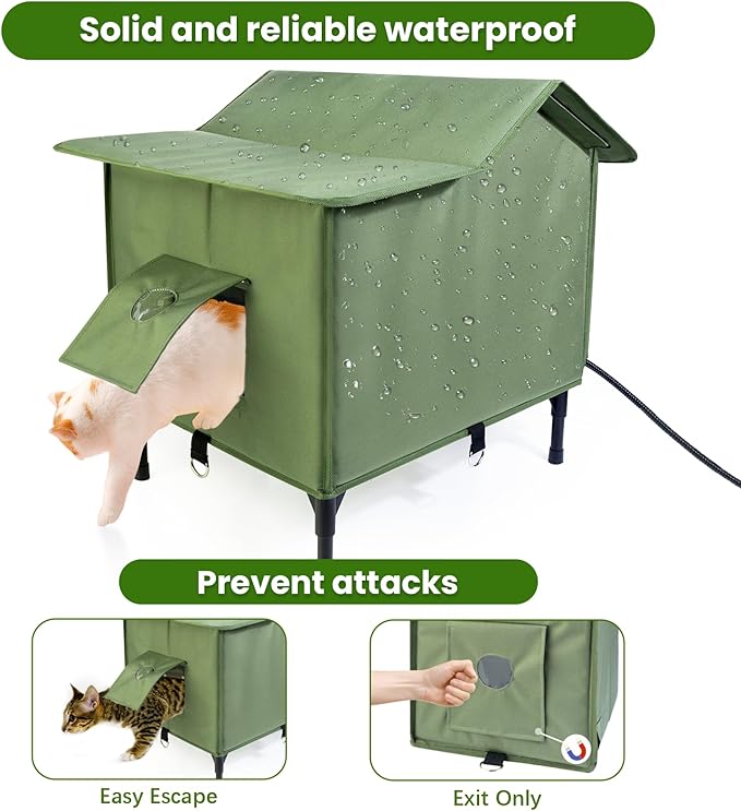 Heated Cat House for Outside Outdoor Cat House with Elevated Base Cat-Attracting Eave Design Feral Stray Shelter Weatherproof in Winter Garage Yard Porch Size M