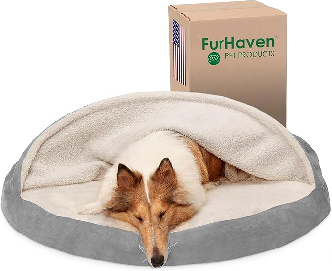 Furhaven 44" Round Orthopedic Dog Bed for Large Dogs w/ Removable Washable Cover, For Dogs Up to 80 lbs - Sherpa & Suede Snuggery - Gray, 44-inch