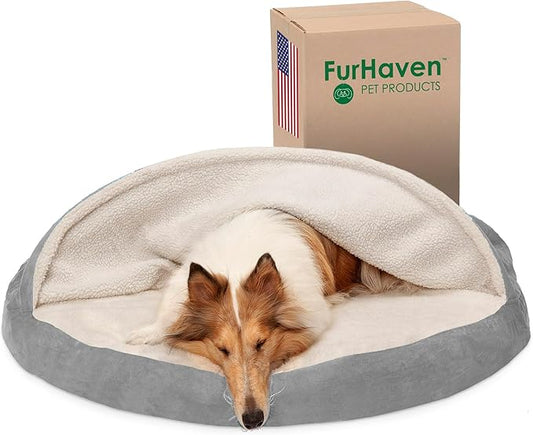 Furhaven 44" Round Orthopedic Dog Bed for Large Dogs w/ Removable Washable Cover, For Dogs Up to 80 lbs - Sherpa & Suede Snuggery - Gray, 44-inch