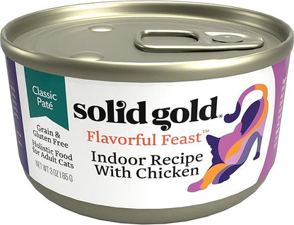 Solid Gold Wet Cat Food Pate for Indoor Cats - Healthy Canned Cat Food Pate w/Real Chicken, Omega Fatty Acids, Vitamins & Minerals - Grain Free & Gluten Free Can Meals for Cats & Kittens - 24ct/3oz