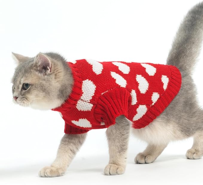 KOOLTAIL Turtleneck Cat Sweater - Soft Knit Christmas Sweater With Heart Love Pattern, Thick Warm Cold Weather Clothes for Small Medium Large Kittens Puppies, Red L