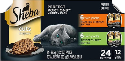 Sheba Perfect Portions Wet Cat Food Cuts in Gravy Variety Pack, Roasted Chicken Entree and Tender Turkey Entree, 2.6 oz. Twin-Pack Trays (12 Count, 24 Servings)
