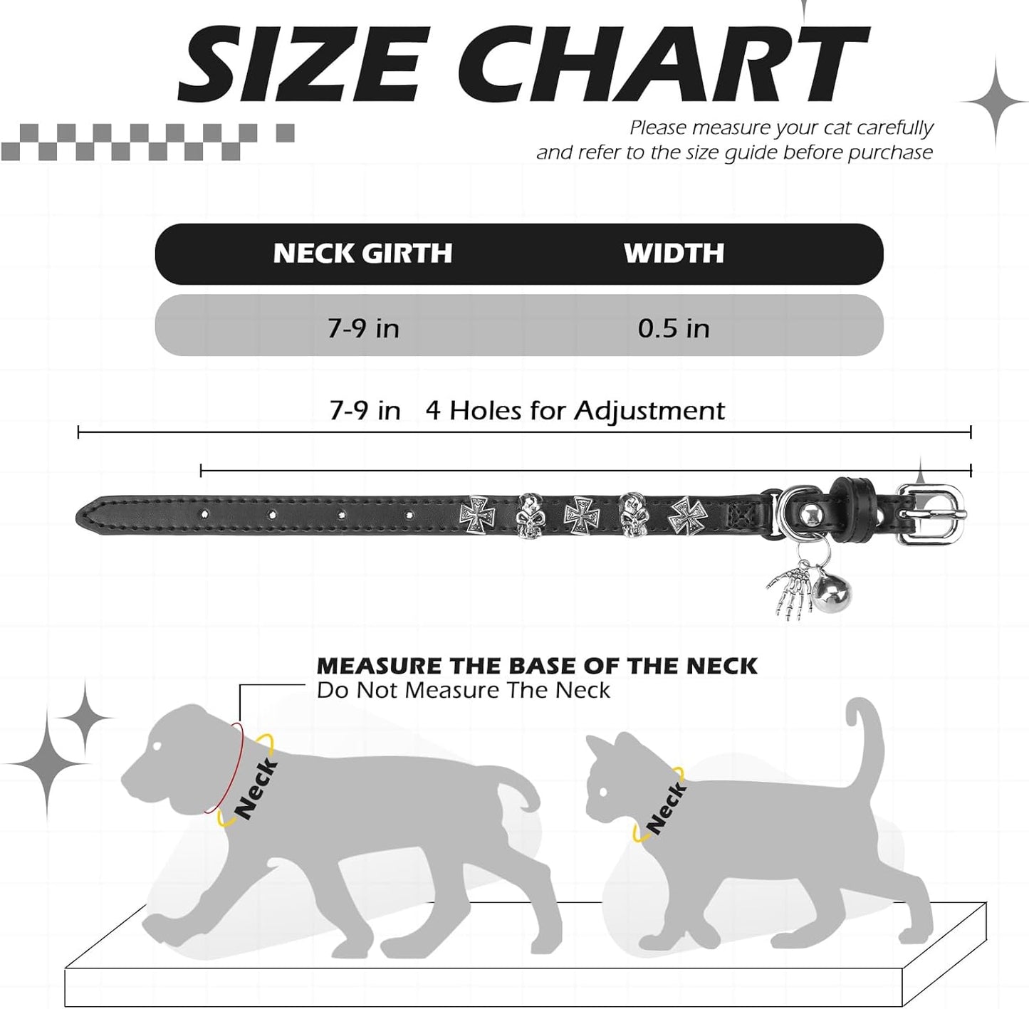 EXPAWLORER Leather Cat Collar for Girl Boy- Adjustable Pet Collar with Safety Elastic Belt,Personalized Punk Accessories Buckle Collars with Bell & Durable D-Ring, Skull(Black)