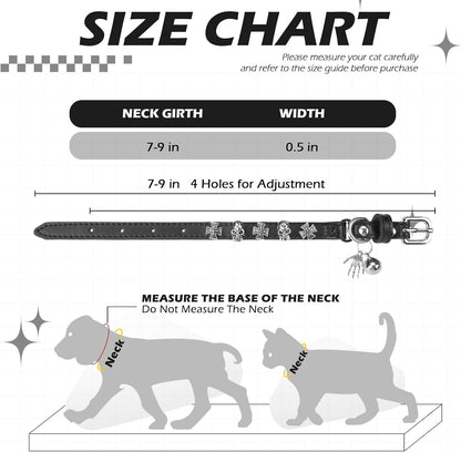 EXPAWLORER Leather Cat Collar for Girl Boy- Adjustable Pet Collar with Safety Elastic Belt,Personalized Punk Accessories Buckle Collars with Bell & Durable D-Ring, Skull(Black)