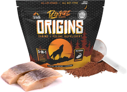 ROGUE PET SCIENCE Origins 5-in-1 Dog Supplement - Powdered Food Topper w/Natural Omega 3 Fish Oil - Supports Healthy Digestion, Skin, and Coat - Helps Reduce Itching & Joint Inflammation (2 lbs)
