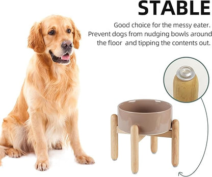 Ceramic 7.3inch Raised Dog Bowl Set, Elevated with Wooden Stand, Food and Water Bowl for Medium Breed Dogs, Weighted Dog Dishes, Pet Feeder(Brown Coffee)