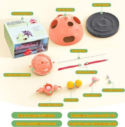 4-in-1 Cat Toys, Interactive Cat Toy with Track Balls, Fluttering Feathers, Slow Food Dispenser, Fun & Engaging Toys for Bored Indoor Cats, Durable & Safe Interactive (Pink)