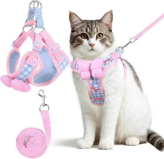 Cat Vest Harness and Leash Set for Walking Escape Proof, Adjustable Kitten Harness and Leash Set Breathable Mesh with Bow Harness for Kitty Puppy Bunny(Pink Small)