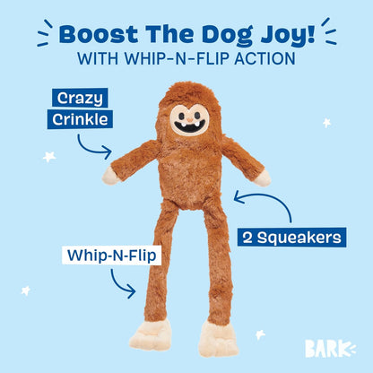 Barkbox Sasquatch Josh Plush Dog Toy – Squeaky Toy with Crazy Crinkle, Whip-N-Flip Arms, and Soft Plush Design for Interactive Play