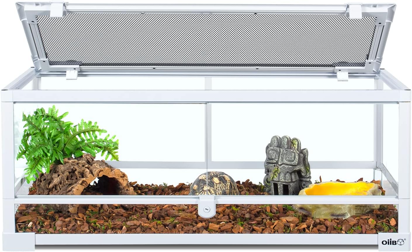 OIIBO Full Glass Long Tank Reptile Terrarium 20 Gallon, Front Opening Terrarium 30" x 12"x 12" for Reptile Pets Gecko Lizard Snake, Double Front Opening Doors & Ventilation Top Screen (Knock-Down)