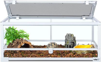 OIIBO Full Glass Long Tank Reptile Terrarium 20 Gallon, Front Opening Terrarium 30" x 12"x 12" for Reptile Pets Gecko Lizard Snake, Double Front Opening Doors & Ventilation Top Screen (Knock-Down)