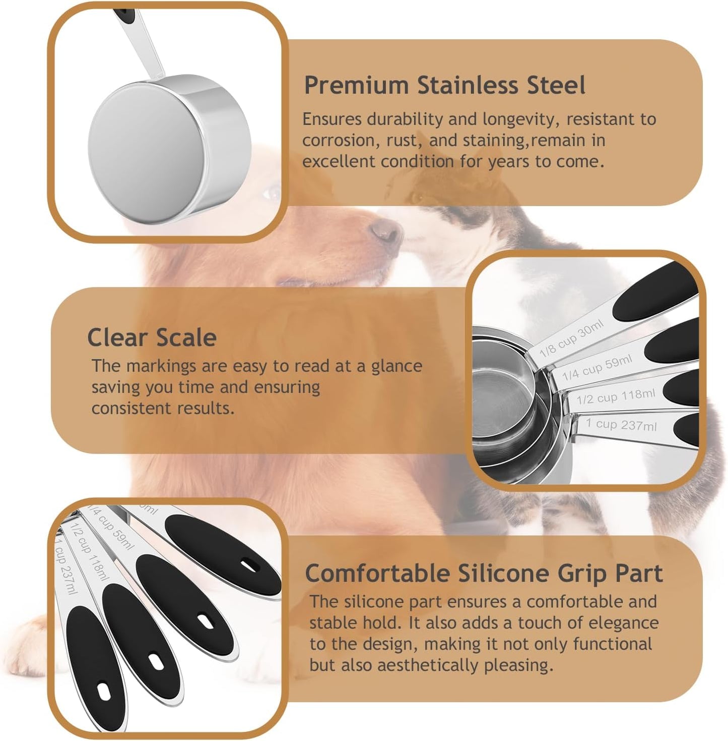 2PCS 1/8CUP(30ml) Dog Cat Food Scoop, Stainless Steel Measuring Cup, Metal Pet Scooper with Inner Precision Scale Measurement