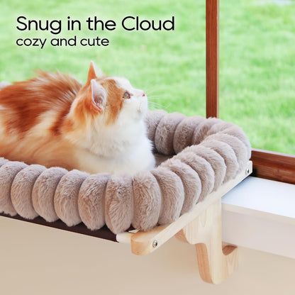 Zakkart SnugCloud Cat Window Perch with 4-Sided Bolster - Orthopedic Cat Hammock for Window Sill - Solid Hardwood & Metal Frame - Window Seat for Pets (Natural Color Wood w/Brown Bed, Medium)