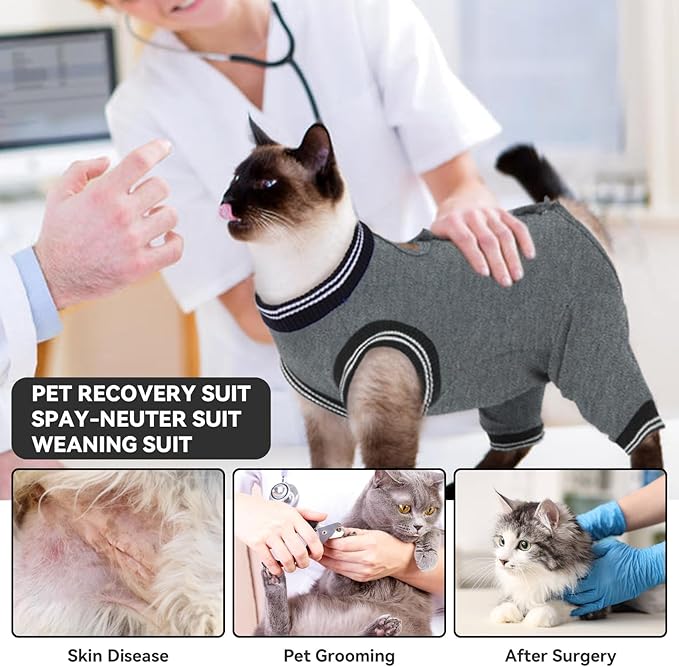 T'CHAQUE Cat Clothes Surgery Recovery Suit for Female Male, Cat Onesie Pet Surgical Pajamas Hind Legs Long Sleeve, Abdominal Wound Skin Diseases, E-Collar Alternative, Spay Recovery Suit, Gray-S