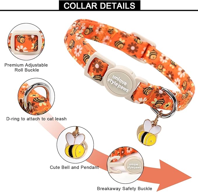 Unique style paws 2 Pack Autumn Halloween Kitten Collar Breakaway with Bell&Pendant, Adjustable Safety Bee Daisy Maple Leaf Cat Cotton Collar for Girl Boy Cat and Small Pet
