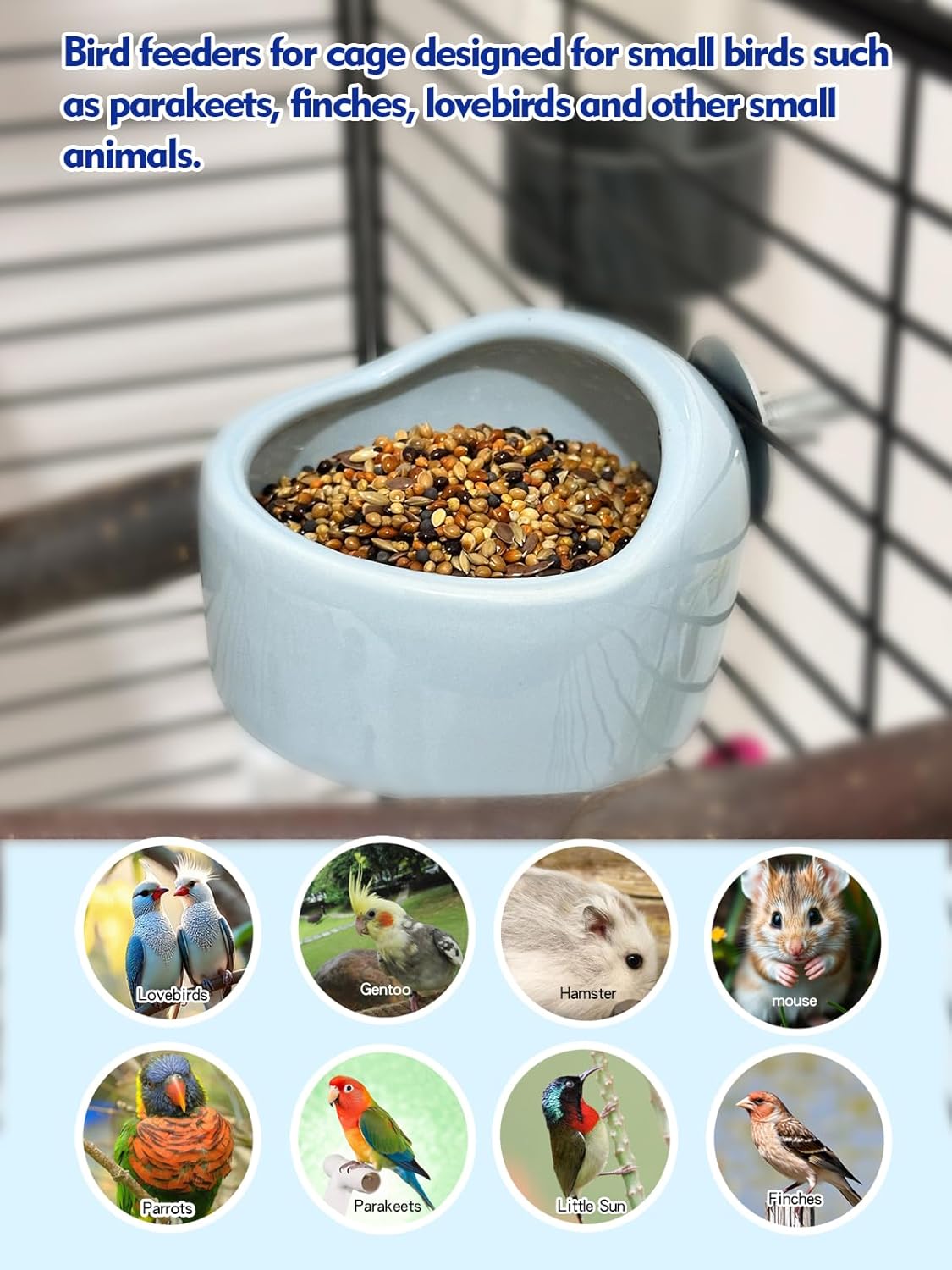 2 Pcs Pet Bird Bowls Ceramic Birds Cage Feeder Hanging Parrot Food Bowl Bird Cage Food Bowls for Budgie Finches Lovebirds Parakeet Cockatiels (Blue)