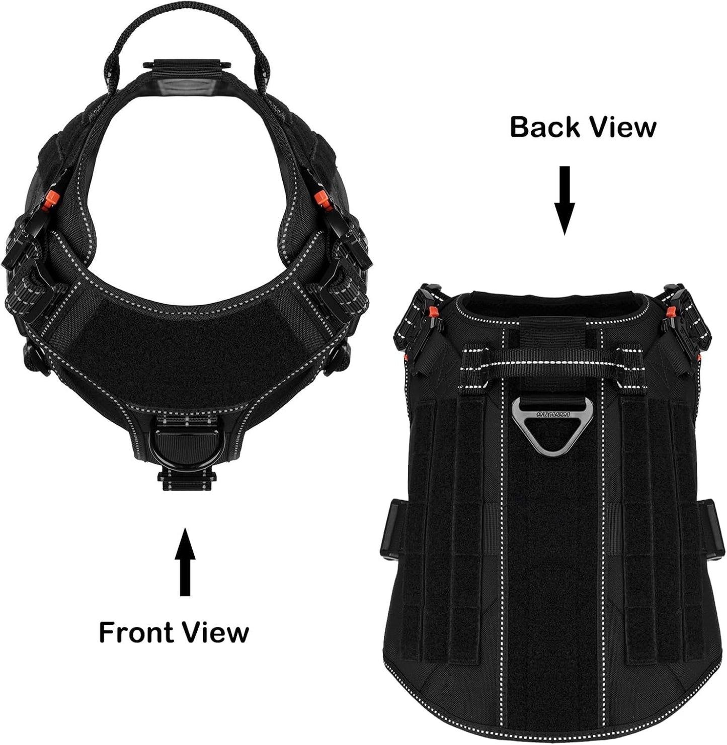 ICEFANG Tactical Dog Harness, X-Large Size,2X Metal Buckle,Working Dog MOLLE Vest with Handle,No Pulling Front Leash Clip,Hook and Loop Panel (Black,XL (Pack of 1))